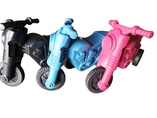 Toy motorcycle set with black, blue, and pink colors on a white background