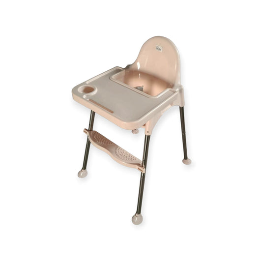 Beige baby high chair with tray on a white background