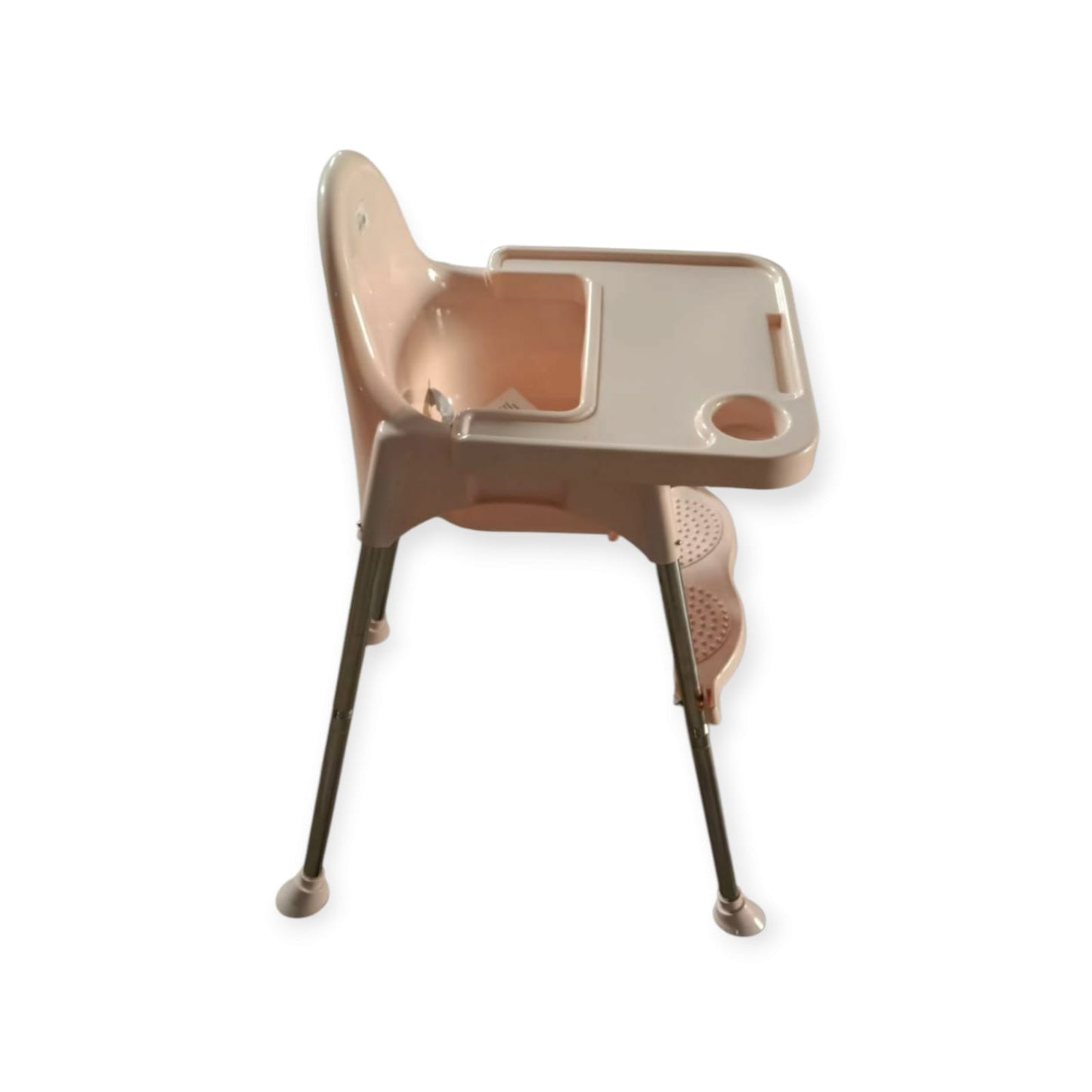 Beige high chair with tray on a white background