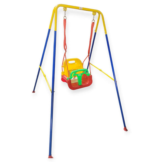 Colorful children's swing set with a blue frame on a white background