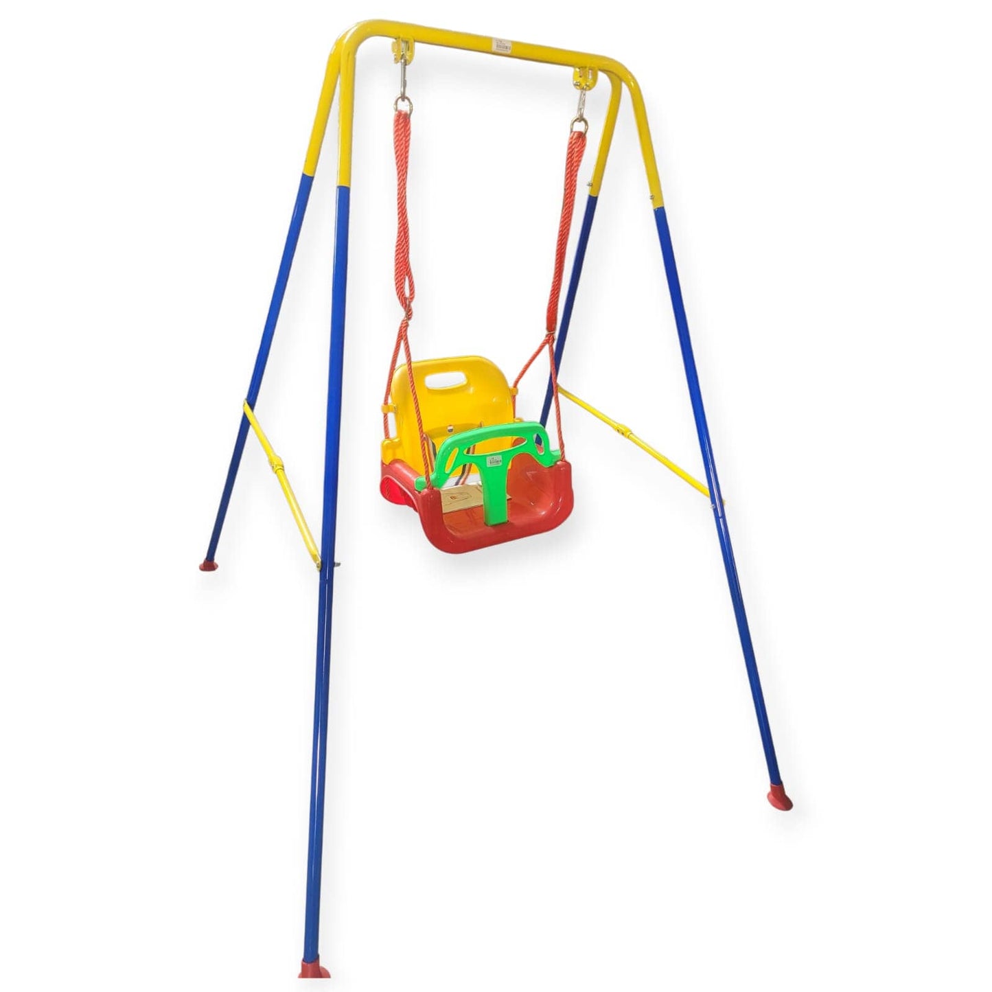 Colorful children's swing set with a blue frame on a white background