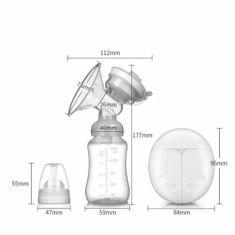 Breast pump with measurements on a white background
