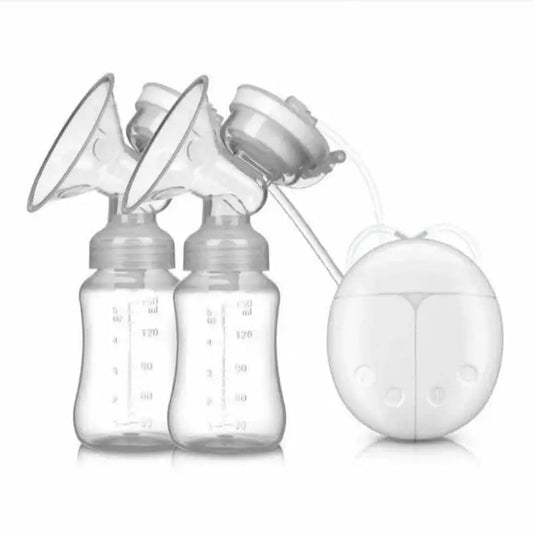 Double breast pump with bottles on a white background