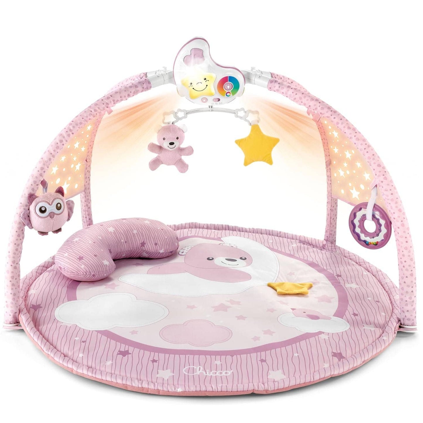 Pink baby play mat with toys and a cloud design on a white background