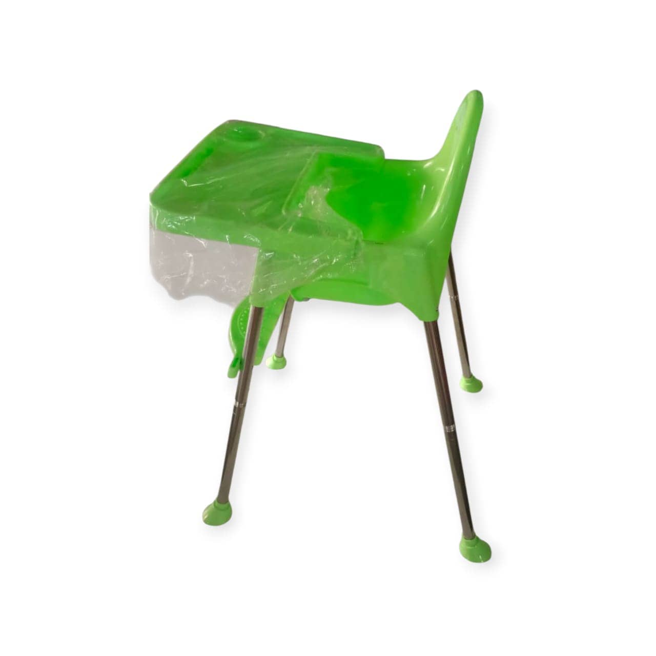 Green plastic high chair with a clear plastic cover on a white background